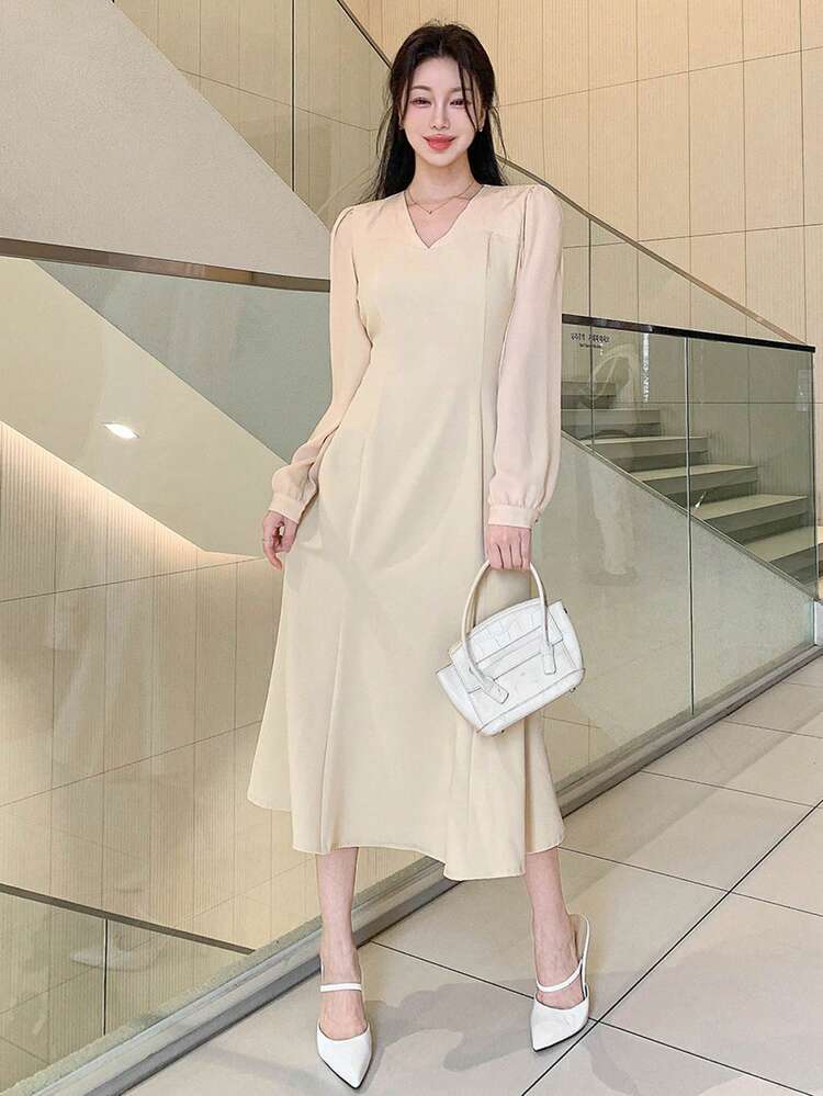 Color Block V-Neck Fishtail Midi Dress For Women,Fall Dress Long Sleeve Dress