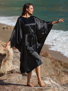 Women's Solid Color Round Neck Batwing Sleeve Cover-Up Dress, For Summer Beach Vacation - Black - View 6