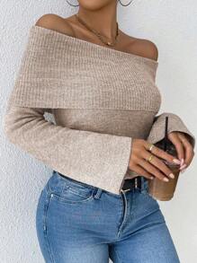 Chiquease Autumn/Winter New Fashion Solid Color Rectangular Off Shoulder Sweater Top Knit Pullover Fall Outfit - Apricot - View 5