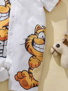 SHEIN Barboteuse à manches courtes, imprimé tigre mignon, col cranté, pour garçons bébés, idéal pour le port quotidien, les activités extérieures, le printemps/l'été