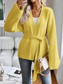 SHEIN Privé Drop Shoulder Belted Cardigan Oversized Sweater  Fall Cloth For Women - Yellow - View 6