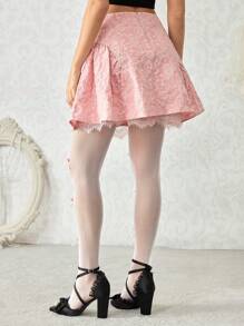 ROMWE Bow Decor Kawaii Floral Butterfly Textured Puff Skirt For Tea Party - Pink - View 6