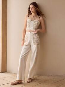 MOTF LINEN FLORAL EMBROIDERY PANTS