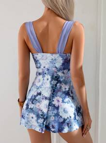 SHEIN Swim 2 件随机印花无袖蝴蝶结上衣和高腰裤优雅细肩带比基尼套装，适合夏季海滩度假 - 彩色 - 查看 2