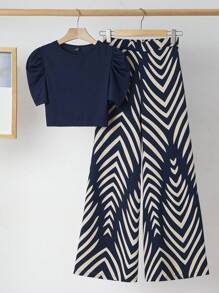 SHEIN Clasi Clasi Women Crew Neck Ribbed Crop Top & Wide Leg Pants Suit, Abstract Print, Spring Summer Casual Vacation Elegant 2pcs Set