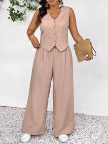 SHEIN Frenchy Women Plus Size Vest & Pants Set, Fashion Casual Spring/Summer New Textured 2 Pieces Set In Apricot