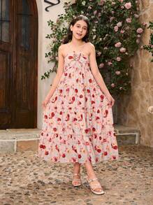 SHEIN Girls Floral Print Elegant Sleeveless Dress, Family Matching Outfits (2 Pieces Sold Separately)