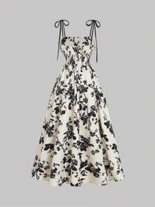 SHEIN PETITE Women's Apricot Bottom Black Silhouette Floral Print Suspender Black And White Dress