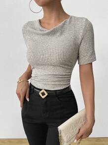 Calvaya Vintage Asymmetric Frill Collar Ruched Slim Fit Ribbed Short Sleeve T-Shirt