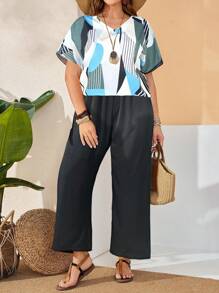 EMERY ROSE 2pcs/Set Plus Size Women Geometric Print Short Sleeve Top And Pants Set