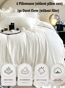 3pcs White Ultra-Soft Skin-Friendly Ruffle Floral Bedding Set - 1 Duvet Cover, 2 Pillow Shams, Excluding Filling, Machine Washable