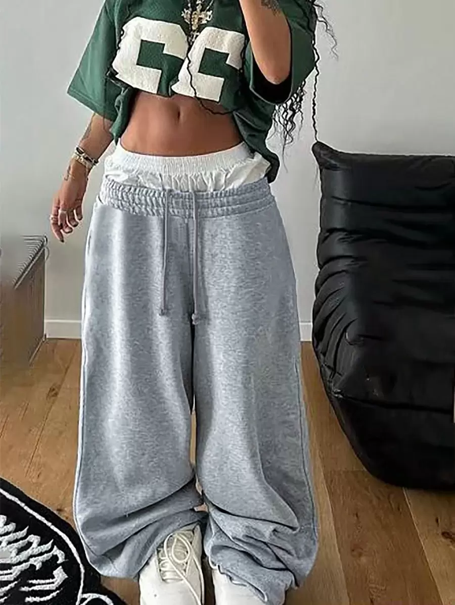 SHEIN EZwear 女士简约时尚休闲日常运动裤 - 灰色 - 查看 1