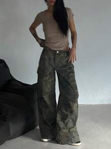 DAZY Women's Camouflage Cargo Wide Leg Denim Jeans - Brown - View 5