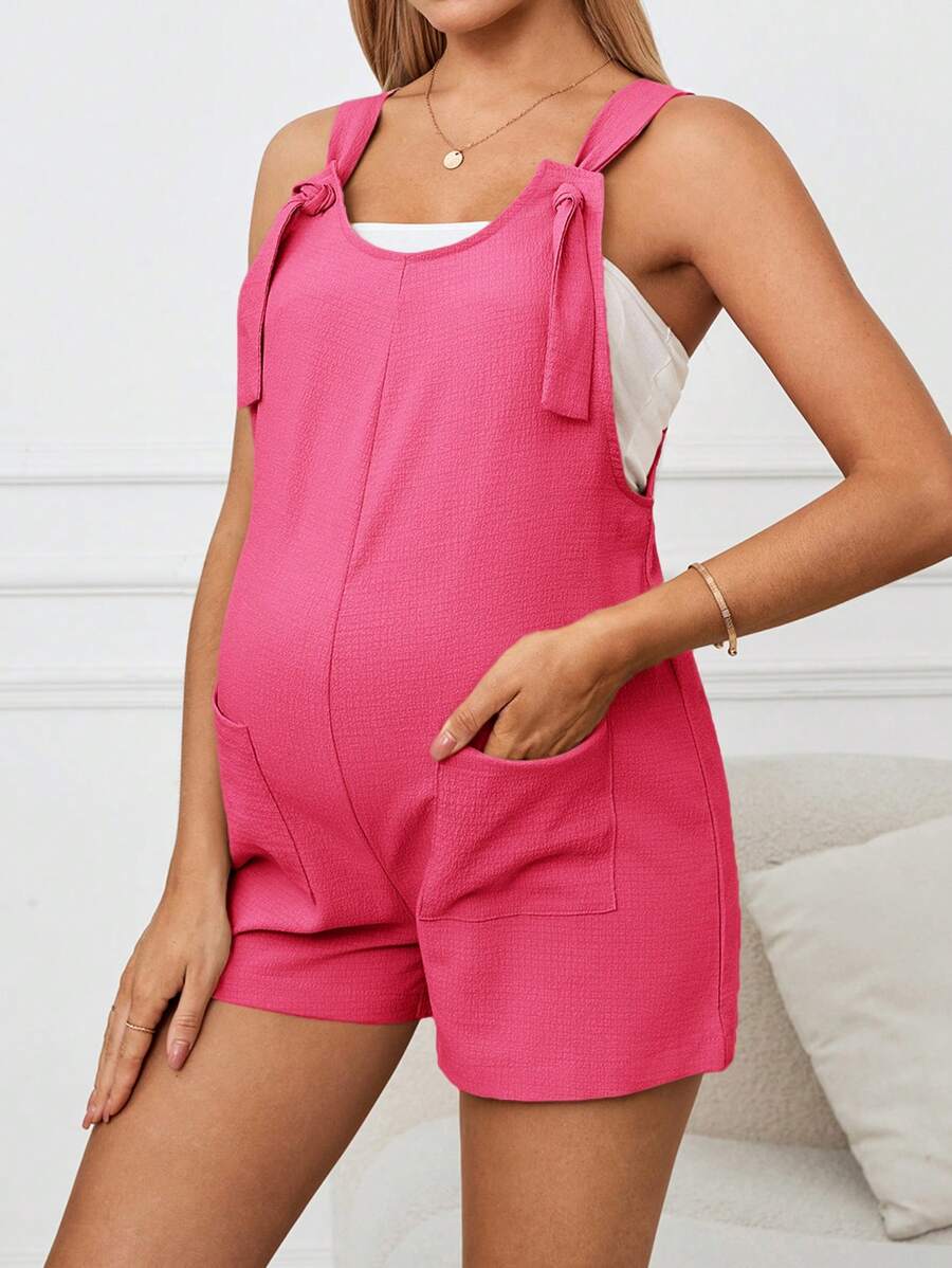 SHEIN Maternity Solid Color Double Pocket Casual Bib Overall Shorts