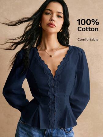 Poéselle Cotton Elegant Lace Trimmed Waist Button Detail Shirt, Long Sleeve Shirt, Waist Shirt, Lace Top, Lace Shirt, Cotton Shirt, Elegant Waist Detail, For Everyday Work Outing Effortless Chic Essential, FW24, Fall Womenswear