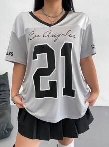 POPSWAY Camiseta casual de mujer de talla grande con estampado de letras y números, cuello en V, para el verano