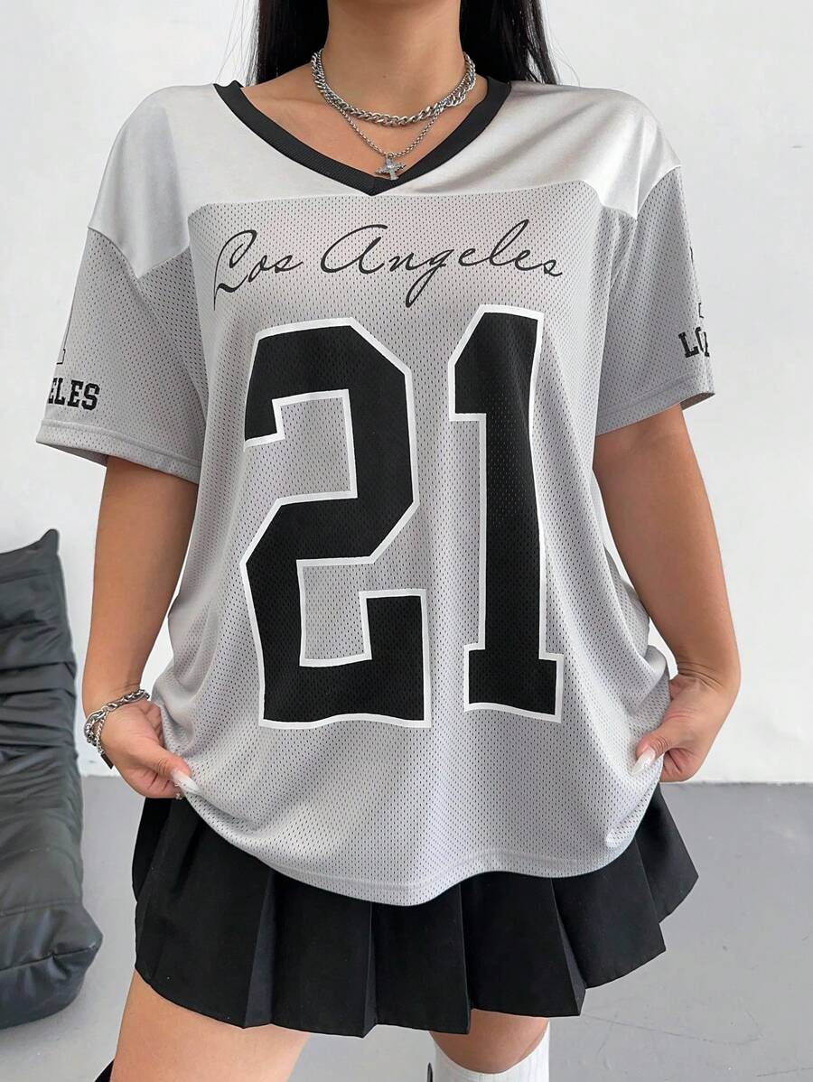 POPSWAY Camiseta casual de mujer de talla grande con estampado de letras y números, cuello en V, para el verano