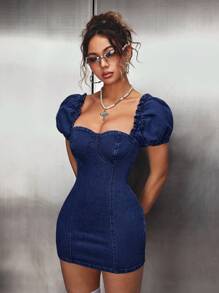 SHEIN PETITE Vrouwen Casual Denim Jurk, Minimalistische Mode Dagelijkse Kleding