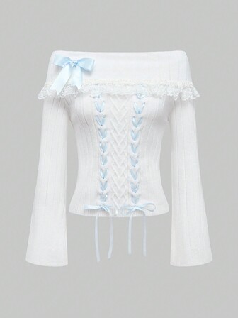 Kawaii Jersey casual para mujer con mangas largas y hombros descubiertos, con decoración de lazo