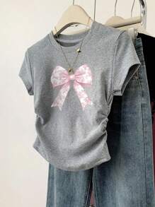 Teen Girl Bow Print Ruffle Crew Neck Short Sleeve T-Shirt - Grey - View 1