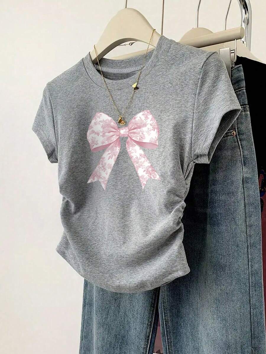 Teen Girl Bow Print Ruffle Crew Neck Short Sleeve T-Shirt - Grey - View 1