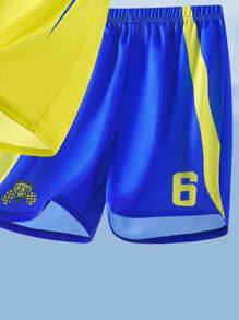 SHEIN Tween-Jungen Sportliches Netzset mit Buchstaben und Zahlen in bunten Grafiken, kurzärmlige Shorts mit Rundhalsausschnitt, geeignet für Fußball, Basketball, lässiger, sportlicher Chic, weich und bequem, perfekt für Herbst, Frühling, Sommer, vielseitig für den Alltag, zum Spielen im Freien, für die Schule, Streetwear, Partys und zum Entspannen. - Verschiedenfarbig - Übersicht 6