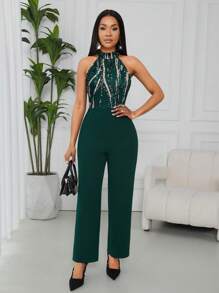 Lunelith SHEIN Lunessa 女士优雅印花吊带连身裤 - 墨綠色 - 查看 5