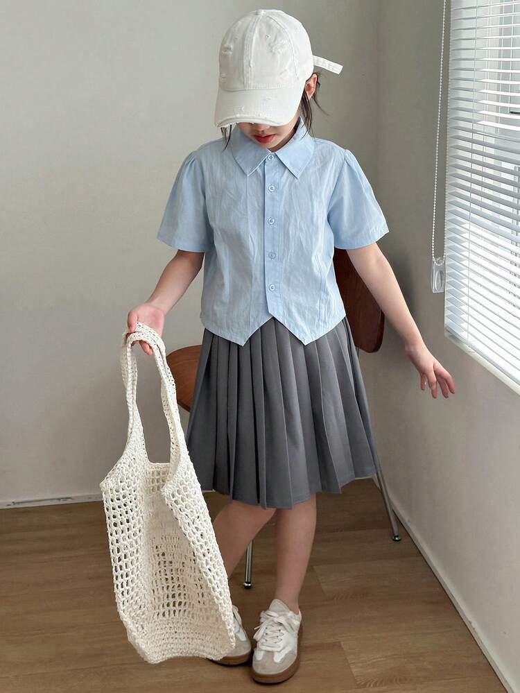 Tween Girls' Plain Puff Sleeve Button Front Shirt & Pleated Mini Skirt 2 Pieces Casual Set,Girls Summer Outfits,Back To School Clothes