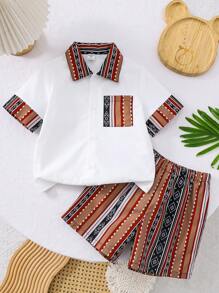 SHEIN 2pcs/Set Young Boy Loose Casual Simple Comfortable Versatile Pattern Patchwork Polo Collar Shirt And Pants Set