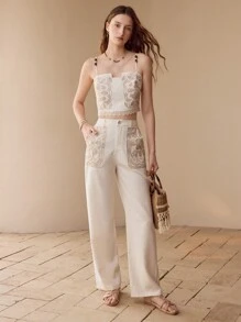 MOTF LINEN FLORAL EMBROIDERY PANTS