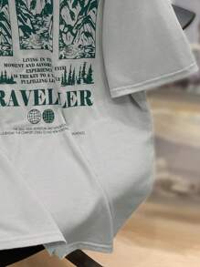 SHEIN Camiseta de manga corta y cuello redondo con estampado de paisaje de montaña y bosque inglés para adolescentes varones de uso casual