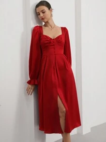 Revavyn Robe longue pour femme au col carré romantique à la française, sans manches avec manchettes, taille marquée et ourlet évasé - Rouge - Voir 2