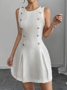 Chiquease 女士纯色纽扣圆领无袖休闲短款连衣裙 - 白色 - 查看 3