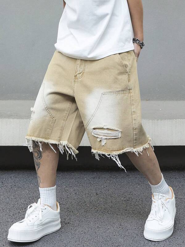 Manfinity EMRG Men's Side Pocket Distressed Fringe Casual Denim Shorts Jorts