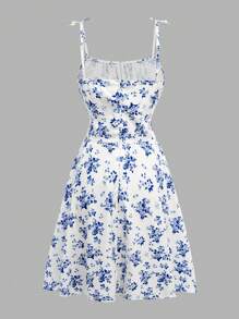 Lunivi Teenage (Girls) Dress, Adjustable Spaghetti Strap, Bow Decor, Blue & White Floral Print, Pleated Camisole Short Swing Dress, Suitable For Summer,Holiday,Summer,Travel