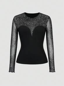 Calvaya Sexy Slim Fit Long Sleeve T-Shirt With Mesh & Sequins Splicing Details