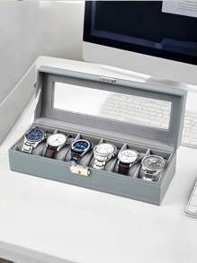 1 件 6/10/12 槽可锁皮革珠宝和手表收纳盒 - 豪华手表架展示盒收纳盒，带安全锁，玻璃盖 - 情人节男士礼物，女士手表盒，珠宝收纳盒，送给他/她的礼物 - 灰色 - 查看 3