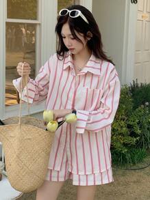 DAZY 2pcs Women Loose Striped Shirt And Shorts Set,Fall Women Clothes Lounge Sets For Women - Pink - View 9