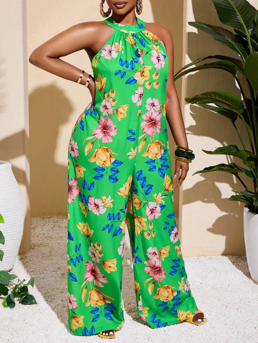 Slaydiva Plus Size Sleeveless Digital Print Green Jumpsuit, Lightweight Summer Resort Wear - Green - View 1