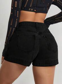 SHEIN PETITE Women's Solid Color Front Button Pocket Simple Casual Denim Shorts