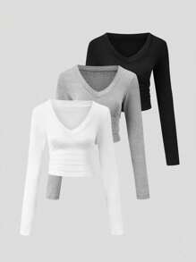 Flirla Women's Solid Color V-Neck Long Sleeve Three-Piece Set T-Shirt
