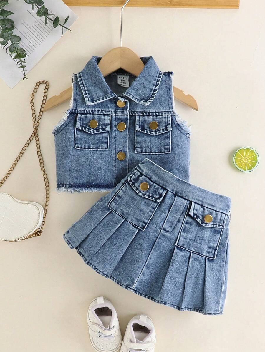 SHEIN Thời trang bé gái thanh lịch và sành điệu phong cách đường phố: Áo khoác denim xanh nhạt phối cùng chân váy cùng màu, thích hợp cho mùa hè. - Màu xanh lam - Xem 1