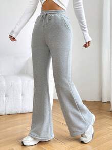 SHEIN Unity Drawstring Waist Flare Leg Sweatpants - Grey - View 6
