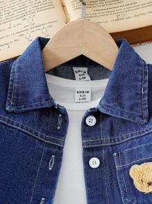 SHEIN Vintaside Kids 男婴夏季牛仔套装，时尚翻领短袖上衣搭配短裤，简约风格，宽松版型，适合户外玩耍、休闲居家、日常运动、派对活动 - 藍色 - 查看 8