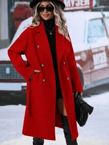 EMERY ROSE Lapel Neck Double Breasted Belted Overcoat For New Year Clothes - Red - View 5