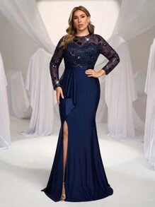 Glamrae Vestido elegante y romántico de manga larga con cuello redondo, cintura acampanada y borde de volantes tipo cola de sirena, con aplicaciones de cuentas y tela de malla transparente, en talla grande, color azul marino, adecuado para fiestas formales, eventos, ceremonias, celebraciones, cenas de gala, vestido de invitada de boda, vestido de fiesta, vestido de noche