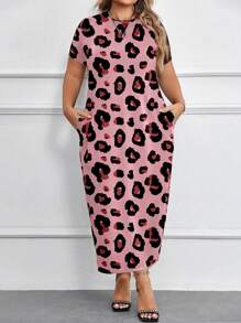 EMERY ROSE Plus Size Women Leopard Print Mid-Length Dress, Summer