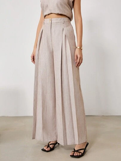 EastFlair 女士纯色高腰褶皱阔腿休闲裤