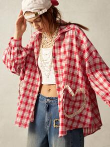 Bohemela 女士休闲编织格子领宽松半袖衬衫 - 紅色 - 查看 5