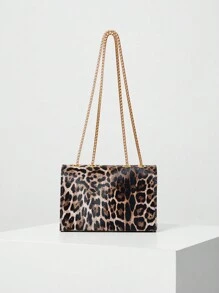 A Retro Fashion Leopard Print Mini Square Bag With Flap Opening, Metal Double Chain Shoulder Bag, Adjustable To Crossbody Bag, Suitable For Women's Daily And Students' Casual Use, Leopard Print Bag